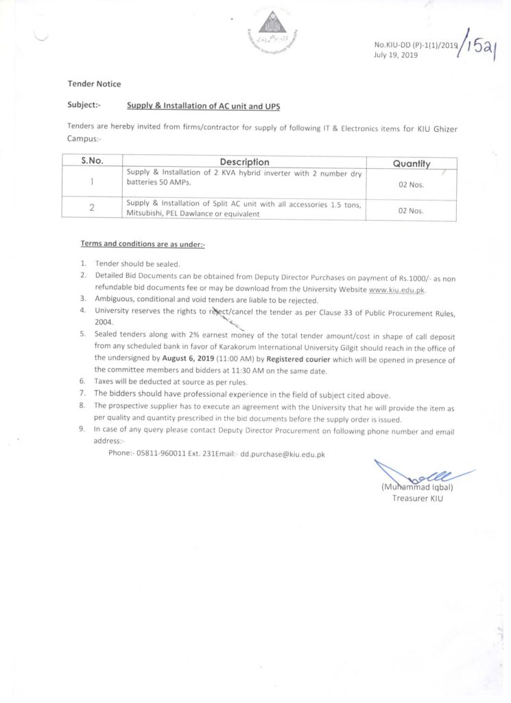 Tender Notice (AC & UPS for Ghizer Campus)