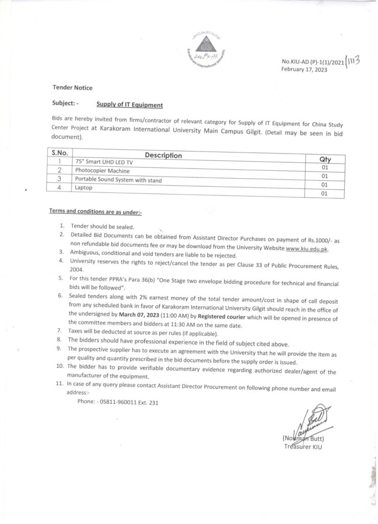 Tender Notice for IT Equipment