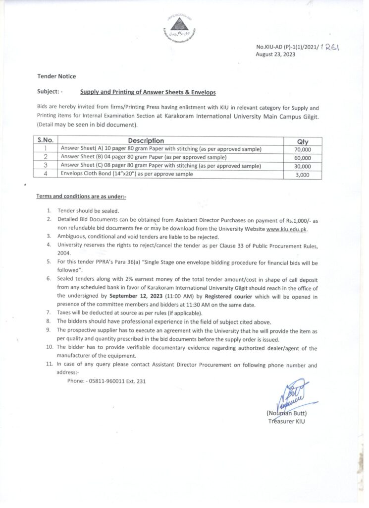 tender notice for printing items internal exam