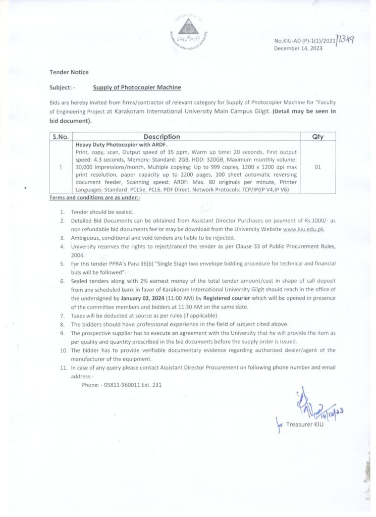 Tender Notice for Photocopier Machine
