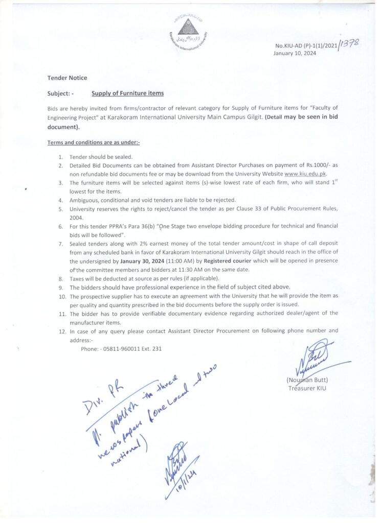 Tender Notice for Furniture items
