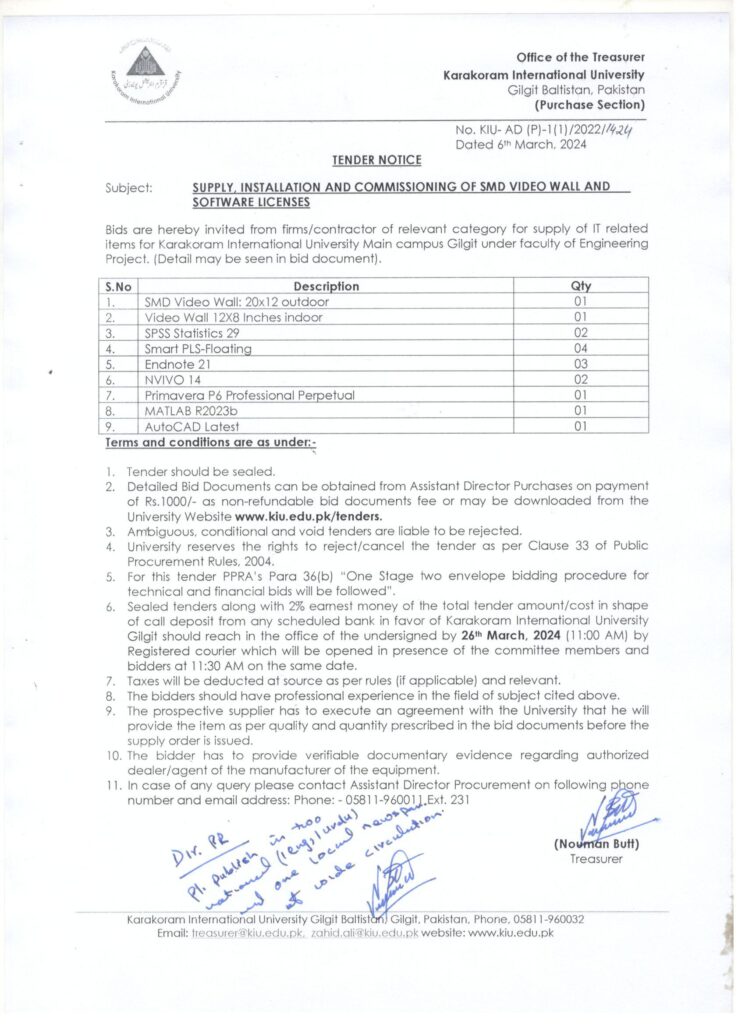 Tender Notice for Vedeo Wall & Licenses