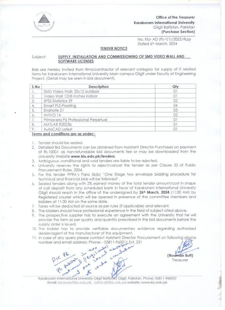 Tender Notice for Vedeo Wall & Licenses