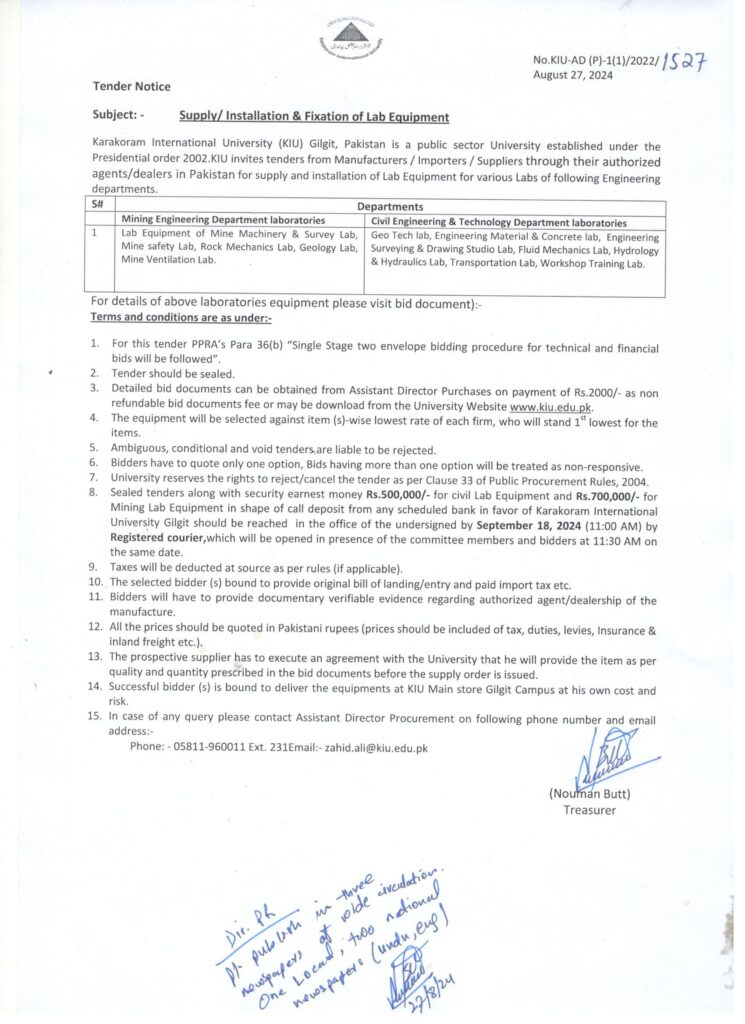Tender Notice for Lab Equipment