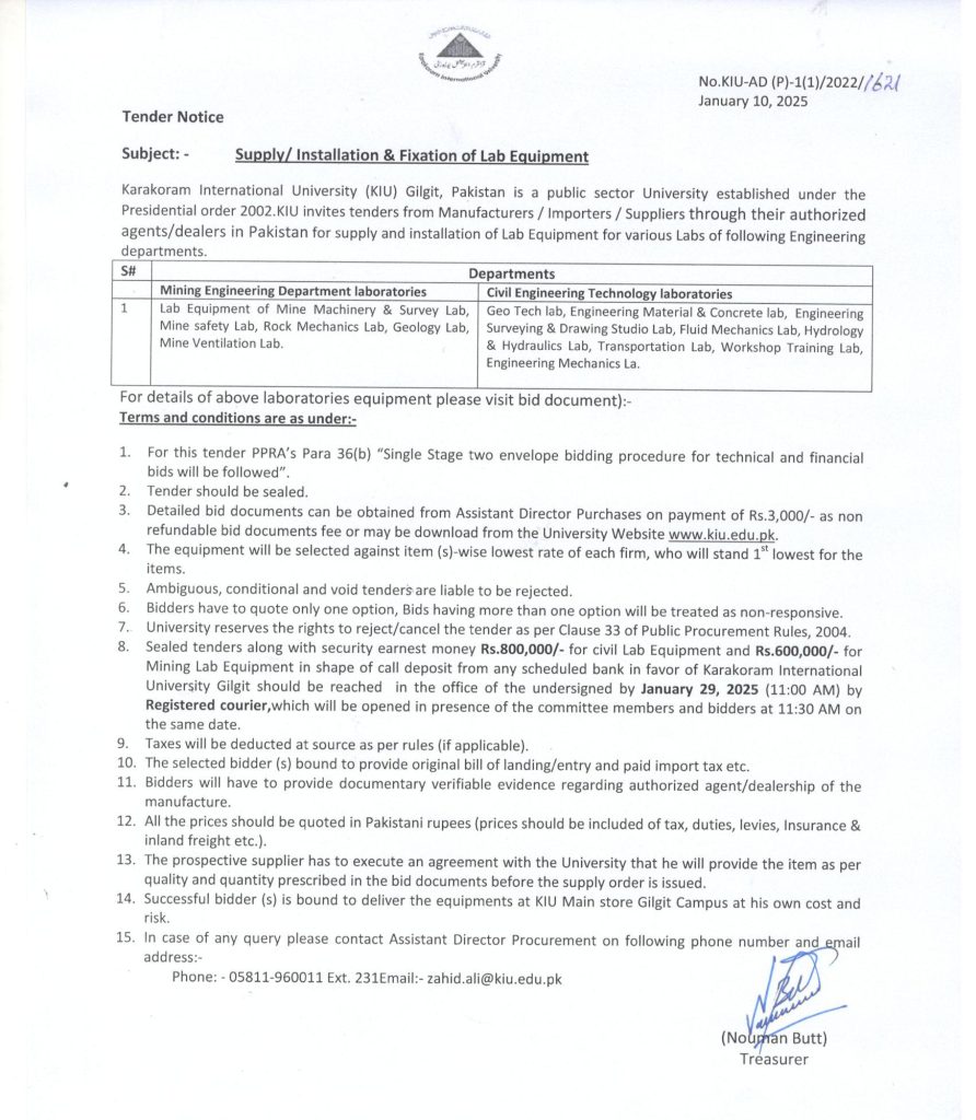 Tender Notice for Lab Equipment Newspapers