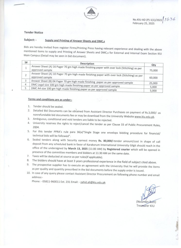 Tender Notice for Printing of Answer Sheets and DMC,s