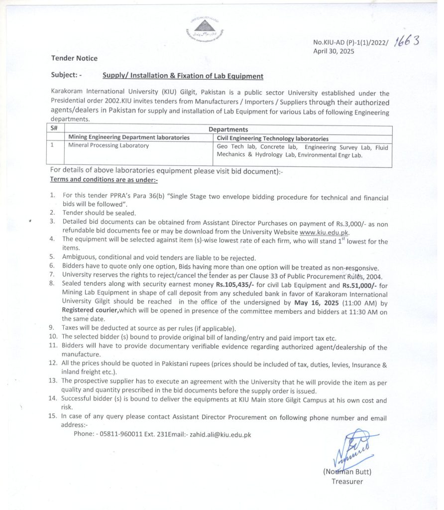 Tender Notice for Lab Equipment