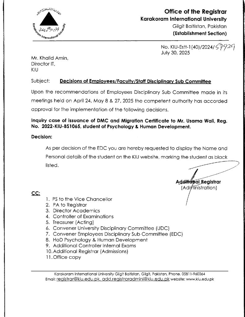 Decisions of Employees ,Faculty ,Staff Disciplinary Sub Committee