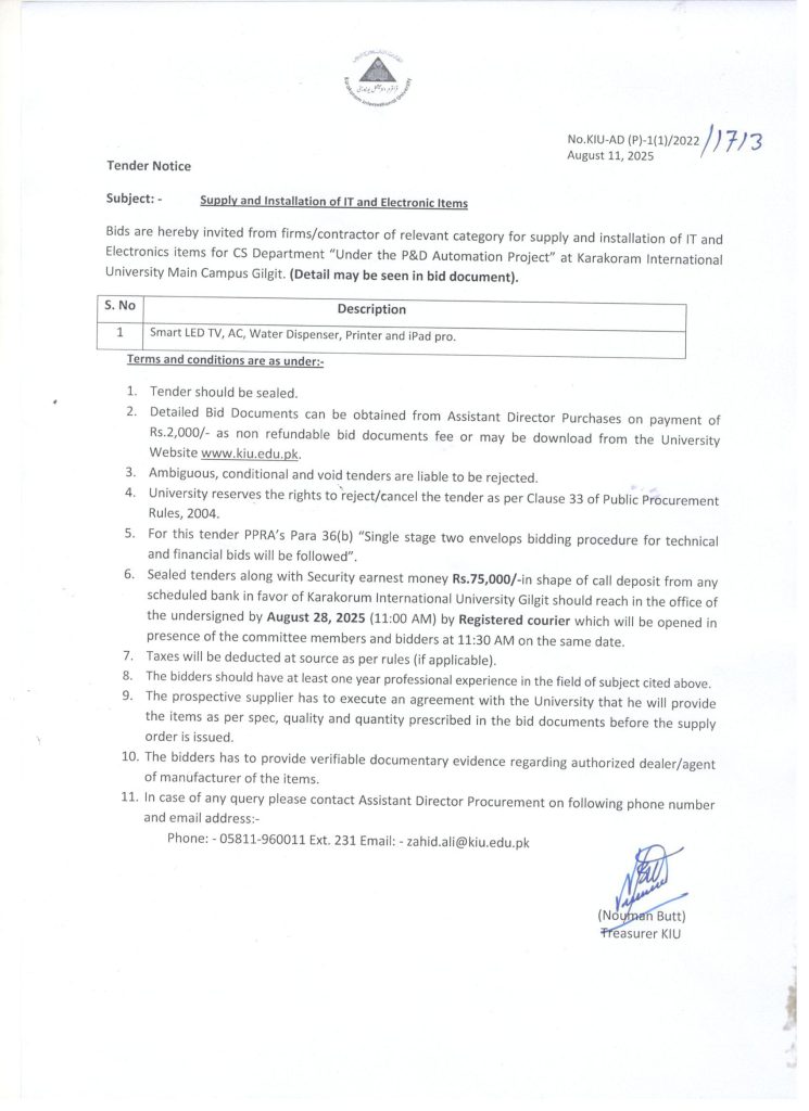 Tender Notice for IT & Electronics items