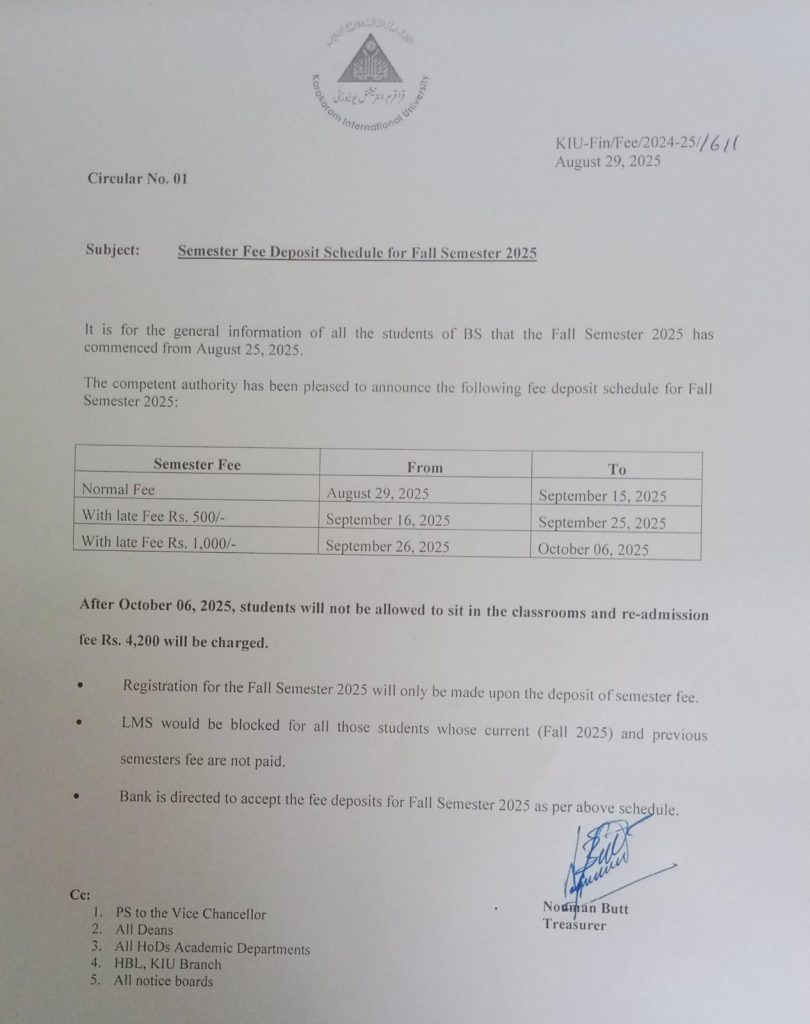 Fee Schedule for Fall 2025
