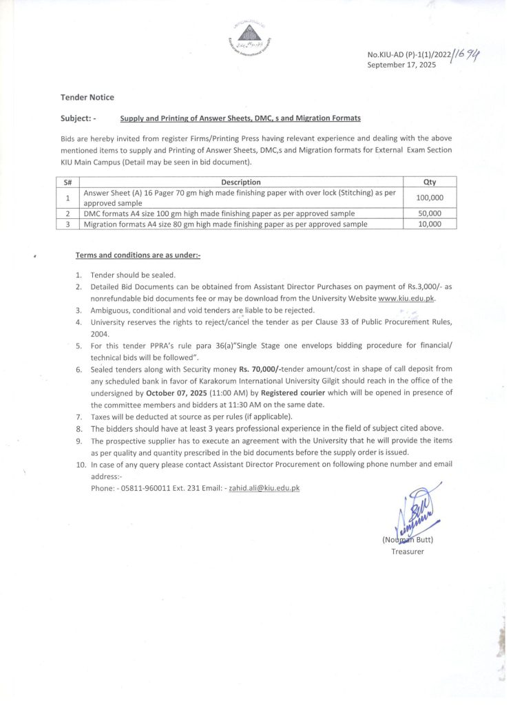 Tender Notice for Printing of Answer Sheets and DMC,s