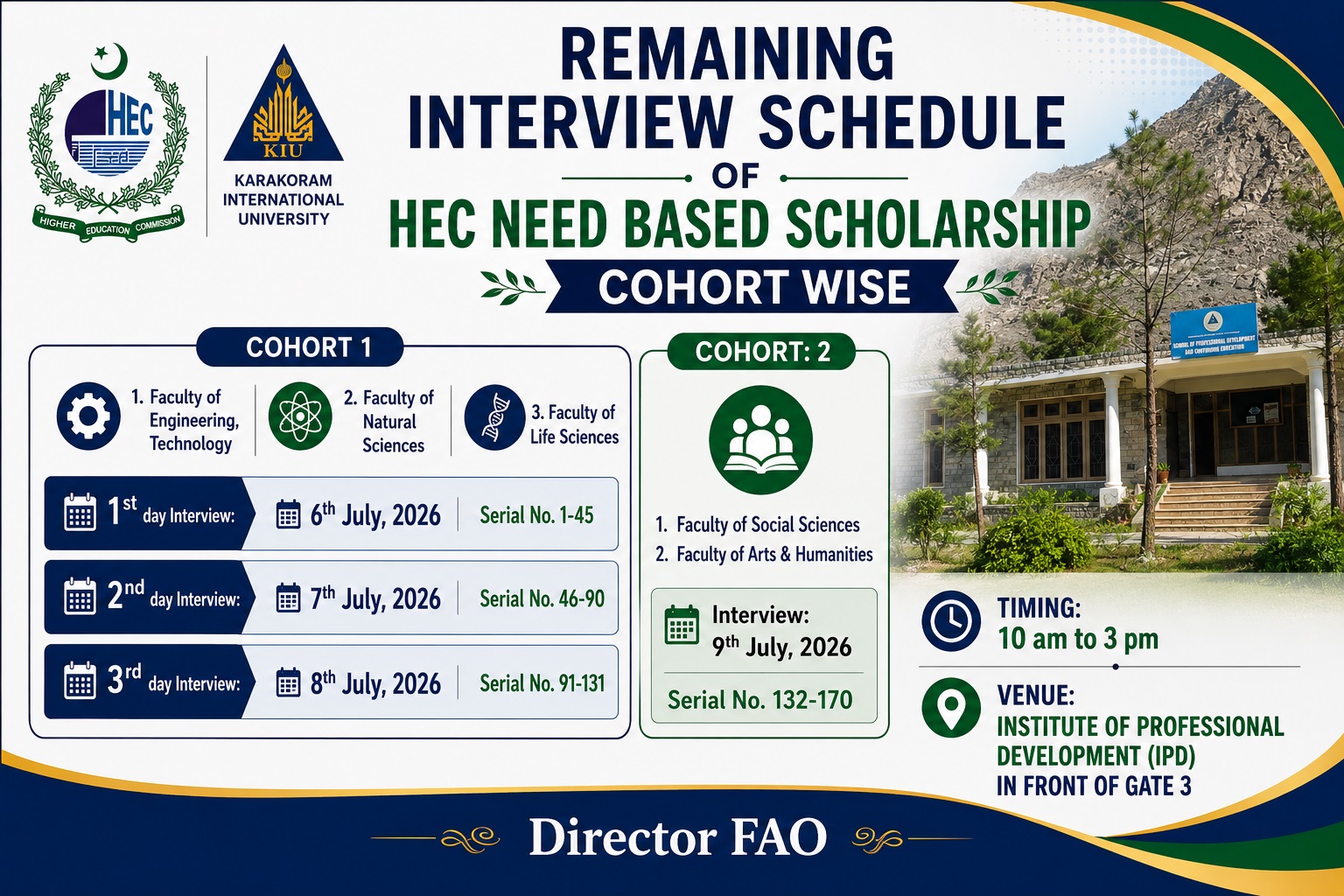 Remaining Interview Schedule of HEC Need Based Scholarship