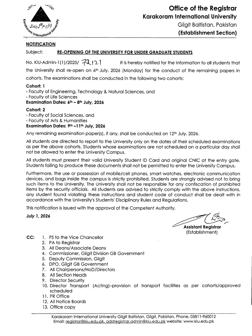 Re-Opening of the University for Under Graduate Students 